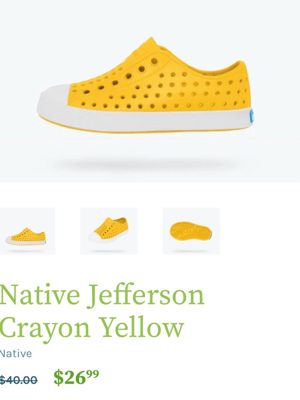 Native Kids Slip-On Water Shoes in Yellow with White Toe